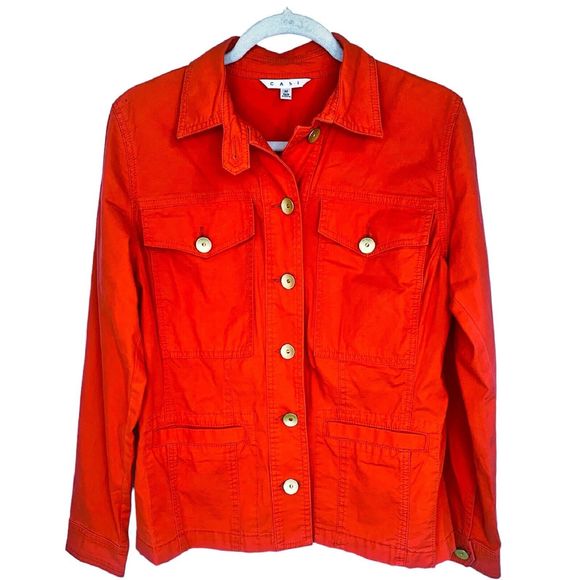 CAbi Taylor Utility Jacket Medium Ruffle Back "Vintage Lobster" Red Orange Coral - Picture 3 of 6